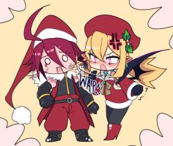  adell_(disgaea) angry black_wings christmas commentary couple demon_wings disgaea dress english_commentary hitting jewelry makai_senki_disgaea_2 puffphox rozalin santa_costume santa_dress slapping swing swipe tears wings 