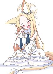  1girl :o ;o animal_ear_fluff animal_ears black_necktie blonde_hair blue_archive blush bow bright_pupils commentary_request cross_halo curtained_hair detached_sleeves dress ear_wreath extra_ears fang forehead fox_ears fox_girl fox_tail fukunao full_body halo highres long_hair long_sleeves looking_at_viewer necktie no_shoes one_eye_closed open_mouth pantyhose rubbing_eyes seia_(blue_archive) short_hair simple_background sitting sleepy sleeve_bow solo striped_clothes striped_pantyhose tail tail_bow tail_ornament tearing_up vertical-striped_clothes vertical-striped_pantyhose white_background white_bow white_dress white_pantyhose white_pupils yawning yellow_bow yellow_eyes yellow_halo 