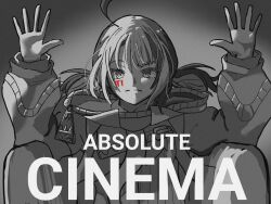  1girl absolute_cinema_(meme) ahoge closed_mouth commentary couch gigi_murin gigi_murin_(1st_costume) gradient_background greyscale highres hololive hololive_english hood hoodie kajin8901 long_sleeves looking_at_viewer low_twintails meme monochrome on_couch partially_shaded_face short_twintails sitting solo twintails untranslatable_commentary upper_body zipper 