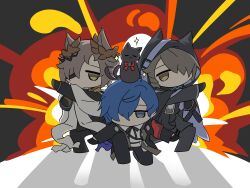  3boys absurdres animal_ears animal_on_head arknights black_cat black_gloves black_jacket blue_eyes blue_hair brown_hair cat cat_boy cat_ears cat_on_head chibi chibi_only chinese_commentary closed_mouth collared_shirt commentary_request crossover dual_persona explosion explosion_background full_body gekkoukan_high_school_uniform gloves hair_over_one_eye highres honey_peaches ishida_akira_(voice_actor) jacket laurel_crown long_sleeves looking_at_viewer male_focus miss.christine_(arknights) multiple_boys neck_ribbon on_head on_one_knee persona persona_3 phantom_(arknights) ribbon school_uniform shadow shirt short_hair standing tragodia_(arknights) voice_actor_connection white_shirt yellow_eyes yuuki_makoto_(persona_3) 