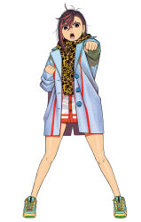  1girl animal_print attacking_viewer ayase_momo blue_jacket brown_eyes brown_hair dandadan fighting_stance full_body gyaru highres jacket leopard_print leopard_print_scarf looking_at_viewer medium_hair multicolored_jacket official_art open_mouth pendant_earrings punching punching_viewer red_jacket scarf shoes simple_background sneakers solo striped_clothes striped_jacket tatsu_yukinobu third-party_source two-tone_jacket white_background 