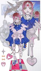  1girl :d abstract_background absurdres balloon bandaid bandaid_on_leg blood blood_on_ground blue_shirt blue_shoes blush camisole checkered_background closed_eyes colored_skin commentary converse demon_girl demon_tail facial_mark ferris_wheel fingernails forehead_mark full_body garter_straps gradient_hair grey_hair grey_nails grey_skin heart_ornament highres himuro_yukichiko horns injury long_arms long_fingernails long_shirt long_sidelocks loose_socks low_twintails multicolored_hair multiple_views original outdoors pale_skin pink_socks pterosaur red_hair shirt shoes sidelocks smile socks star_(symbol) tail tile_floor tiles twintails wispy_bangs wrist_bow yellow_eyes 