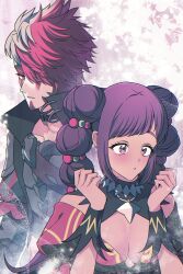  1boy 1girl armor blush braid breastplate cccherrycoke clown_makeup dress facepaint fire_emblem fire_emblem:_fortune's_weave hair_ornament halvin_(fire_emblem) highres jester_(fire_emblem) multicolored_dress multicolored_hair popped_collar purple_hair spiky_hair tan twin_braids violet_eyes 
