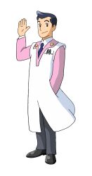  1boy absurdres black_eyes black_hair black_pants black_shoes blue_necktie coat full_body hand_in_pocket highres male_focus necktie official_art pants pink_sleeves powerpuff_girls_z professor_utonium shoes short_hair smile solo standing transparent_background very_short_hair white_coat 