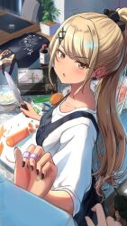  1girl 1other apron bag bandaid bandaid_on_finger bandaid_on_hand black_nails blonde_hair bowl breasts brown_eyes carrot cat commentary cooking cutting_board dated earrings food from_side hair_ornament hair_scrunchie highres holding holding_knife indoors jewelry kaminari_qpi knife long_hair looking_at_viewer misaki_misaki33 nail_polish onion peeler ponytail scrunchie shirt signature solo_focus soy_sauce spring_onion stud_earrings tablet_pc v-shaped_eyebrows virtual_youtuber vspo! white_shirt x_hair_ornament 
