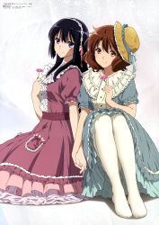  2girls absurdres anime_coloring animedia artist_name black_hair blue_dress brown_eyes brown_hair closed_mouth copyright_name copyright_notice dress flower frilled_dress frills full_body hair_between_eyes hairband hane_kunihiro hat hibike!_euphonium highres holding holding_flower holding_hands kousaka_reina long_hair looking_at_viewer magazine_scan medium_hair multiple_girls no_shoes official_art oumae_kumiko pantyhose pink_dress pink_flower puffy_short_sleeves puffy_sleeves scan short_sleeves sidelocks smile split_mouth sun_hat third-party_source violet_eyes white_hairband white_pantyhose 