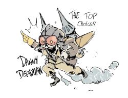  1boy artist_name character_name chibi deadlock_(game) deadman_danny_(deadlock) english_commentary english_text facial_hair gloves highres jetpack male_focus mustache open_mouth pointing pointing_up similaritycity simple_background skeleton skull smoke white_background yellow_gloves 