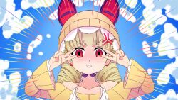  1girl aderi angry blonde_hair blush commentary_request double_v drill_hair hat highres looking_at_viewer magical_girl mahou_shoujo_ikusei_keikaku mahou_shoujo_ikusei_keikaku_jokers pout red_eyes shirt twin_drills umbrain v yellow_hat yellow_shirt 