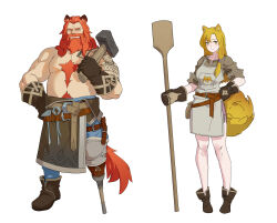  1boy 1girl animal_ear_fluff animal_ears animal_print ankle_boots apron arm_tattoo beard belly belt belt_buckle blue_pants boots braid breasts brown_belt brown_boots brown_gloves brown_mittens brown_tunic buckle cape chest_hair closed_mouth collarbone commentary concept_art dog_boy dog_ears dog_girl dog_print dog_tail dongho_kang dot_nose english_commentary facial_hair full_beard full_body gloves grey_apron grey_cape hair_tie halcyon_zero half_up_braid hammer hand_on_own_hip hand_up highres holding holding_hammer holding_paddle long_hair looking_at_viewer manly mature_male medium_breasts mittens muscular muscular_male nose official_art orange_tail over_shoulder paddle pants pink_shorts print_apron prosthesis prosthetic_leg red_hair short_shorts shorts shoulder_tattoo side_ponytail simple_background sleeves_rolled_up smile standing tail tattoo topless_male tunic waist_cape weapon weapon_over_shoulder white_background yellow_eyes yellow_tail 