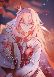  1girl bouquet breasts chinese_commentary commentary_request dated dress elf elysia_(herrscher_of_human:_ego)_(honkai_impact) elysia_(honkai_impact) falling_petals hair_ornament happy_birthday highres holding holding_bouquet honkai_(series) honkai_impact_3rd long_hair medium_breasts petals pink_eyes pink_hair pointy_ears red_dress smile solo very_long_hair xiaoman38730 
