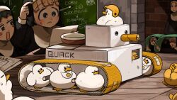  5girls :d absurdres baby_animal bird blonde_hair blue_eyes blush_stickers bowl brick_wall brown_eyes brown_hair cardboard chalkboard chicken clumsy_nun_(diva) commentary diva_(hyxpk) duck duckling english_commentary english_text froggy_nun_(diva) green_hair helmet highres little_nuns_(diva) military_vehicle mole mole_on_cheek motor_vehicle multiple_girls nun pencil_behind_ear rectangular_mouth shy_nun_(diva) smile square_nun_(diva) strict_nun_(diva) tank traditional_nun yellow_helmet 