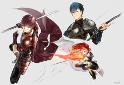  1girl 2boys bow_(weapon) celica_(fire_emblem) closed_mouth commentary_request fire fire_emblem fire_emblem_echoes:_shadows_of_valentia flaming_hand futabaaf grey_background holding holding_bow_(weapon) holding_polearm holding_sword holding_weapon looking_at_viewer looking_to_the_side lukas_(fire_emblem) magic multiple_boys polearm python_(fire_emblem) smile sword weapon 
