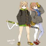  2girls blonde_hair blue_eyes brown_hair closed_mouth dated full_body gloves long_hair looking_at_viewer mota multiple_girls original scarf shoes simple_background skirt sneakers sword twintails weapon 