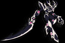  1other afterimage antlers apsel_arts armor black_armor black_background claws deltarune english_text full_body highres holding holding_sword holding_weapon horns mechanization mega_man_(series) mega_man_x_(series) other_focus pauldrons reindeer_antlers roaring_knight shoulder_armor simple_background solo sword utdr_(toby_fox) weapon 