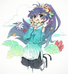  1girl antenna_hair aqua_eyes aqua_shirt belt black_nails black_pants chain clouds collarbone cropped_legs dot_nose double-parted_bangs double_v earrings eyelashes fang flower flower_wreath ganaha_hibiki gradient_clothes gradient_shirt hair_flower hair_ornament head_wreath heart heart_necklace hibiscus high_ponytail highres hoop_earrings idolmaster idolmaster_(classic) jewelry long_hair multiple_rings necklace nendo23 off_shoulder palm_leaf pants ponytail ring shirt sleeves_past_wrists solo v very_long_hair white_background 