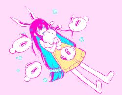  alternate_color alternate_costume alternate_universe animal animal_ears aubrey_(headspace)_(omori) aubrey_(omori) bad_id bad_twitter_id barefoot blue_eyes blue_hair colored_inner_hair colored_skin commentary crying crying_with_eyes_open double-parted_bangs english_commentary forest_bunny_(omori) hair_between_eyes holding holding_animal holding_rabbit long_hair long_sidelocks lying multicolored_hair omori on_back open_mouth pink_background pink_hair rabbit rabbit_ears sidelocks simple_background skirt tears twitter_username two-tone_hair very_long_hair white_skin yellow_skirt yuilu_(yuiluqqq) 