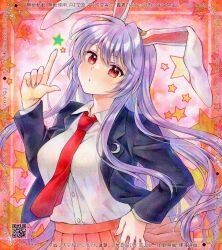  1girl adversarial_noise alto2019 animal_ears black_jacket blazer blush breasts collared_shirt commentary_request finger_gun highres jacket large_breasts long_hair long_sleeves looking_at_viewer marker_(medium) necktie pink_skirt pleated_skirt purple_hair qr_code rabbit_ears rabbit_girl red_eyes red_necktie reisen_udongein_inaba shirt skirt solo star_(symbol) touhou traditional_media very_long_hair white_shirt 