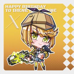  1girl absurdres bird birthday brown_hair chibi chibi_only crow green_hair gun happy_birthday hat heaven_burns_red highres holding holding_gun holding_weapon irene_redmayne looking_at_viewer sail_678 short_hair weapon 