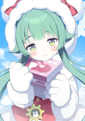  1girl animal_hood bear_hood blue_archive book bow closed_mouth coat commentary_request day fur-trimmed_coat fur-trimmed_gloves fur-trimmed_hood fur_trim gloves green_eyes green_hair highres holding holding_book hood hood_up hooded_coat long_hair long_sleeves looking_at_viewer momiji_(blue_archive) outdoors red_bow smile solo upper_body white_gloves winter_clothes yunosuke_kon 