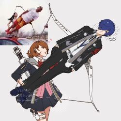  ... 1boy 1girl archery archery_shooting_glove arrow_(projectile) black_gloves black_jacket blue_eyes blue_hair bow bow_(weapon) bowtie brown_eyes brown_hair cardigan chinese_commentary choker closed_mouth commentary_request cowboy_shot digital_walkman earphones_removed evoker flipped_hair gekkoukan_high_school_uniform gloves grey_background hair_over_one_eye highres holding holding_bow_(weapon) holding_weapon holster jacket lifting_person medium_hair mp3_player musical_note neck_ribbon open_clothes open_jacket partially_fingerless_gloves persona persona_3 persona_3_reload photo_inset pink_cardigan pleated_skirt quiver red_bow red_bowtie reference_inset ribbed_cardigan ribbon school_uniform shirt short_hair single_glove skirt sparkle spoken_ellipsis takeba_yukari thigh_holster weapon white_choker white_shirt yansama_omo yuuki_makoto_(persona_3) 