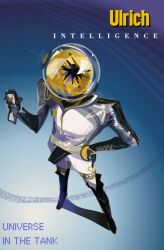  1boy black_boots black_gloves boots character_name english_text ferrofluid fishbowl_helmet from_above full_body gloves hand_on_own_hip helmet highres holding holding_id_card id_card jumpsuit lihua-daiyu_de_yun male_focus reverse:1999 solo standing thigh_boots ulrich_(reverse:1999) white_jumpsuit 