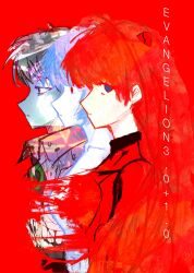  1boy 2girls ayanami_rei black_eyes black_hat blending blue_hair bodysuit closed_mouth collared_shirt commentary copyright_name english_commentary hat highres ikari_shinji knowthisdream looking_at_viewer low-tied_sidelocks multiple_girls neon_genesis_evangelion red_background red_bodysuit red_eyes red_hair shirt short_hair sidelocks souryuu_asuka_langley violet_eyes 