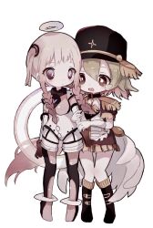  2girls blonde_hair boots brown_eyes commentary_request epaulettes green_hair halo hat holding_another's_arm long_hair magical_girl mahou_shoujo_ikusei_keikaku mahou_shoujo_ikusei_keikaku_limited military_hat multicolored_hair multiple_girls naizoutuu pink_hair postarie rain_pow short_hair tears white_background white_wings wings yuri 