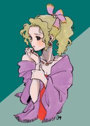  1girl artist_name blonde_hair commentary_request dress earrings final_fantasy final_fantasy_vi green_background grey_eyes hair_ribbon highres jas_(jasjasjasart) jewelry light_blush long_hair necklace parted_bangs ponytail purple_ribbon purple_shawl red_dress red_lips ribbon shawl solo terra_branford upper_body wavy_hair 