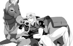  1boy absurdres bag ball bridal_gauntlets commentary cowboy_hat frypannn goggles goggles_on_headwear green_lips greyscale gyro_zeppeli hat highres holding holding_ball holster horse jojo_no_kimyou_na_bouken male_focus monochrome reins saddle sitting smile solo spot_color steel_ball_run valkyrie_(jojo) 
