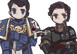 1boy 1girl absurdres adeptus_astartes armor astra_militarum cadian_shock_troops captain_titus chibi demetrian_titus highres lieutenant_mira military_uniform miranda_nero non-web_source power_armor space_marine ultramarines warhammer_40k 