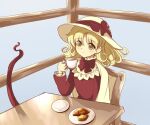  1980s_(style) bad_id bad_twitter_id blonde_hair bow bowtie cloak commentary_request cookie croissant cup curly_hair dress elly_(touhou) food hat holding holding_cup red_bow red_bowtie red_dress retro_artstyle sitting sun_hat takemoto_izumi_(style) touhou touhou_(pc-98) white_cloak white_headwear yatyou yellow_eyes 
