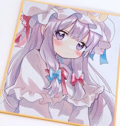  1girl blue_bow blush bow commentary_request crescent crescent_hat_ornament dress hair_bow hat hat_ornament highres long_hair looking_at_viewer mob_cap moni_monico patchouli_knowledge purple_dress purple_hair purple_hat red_bow shikishi solo touhou traditional_media upper_body violet_eyes 