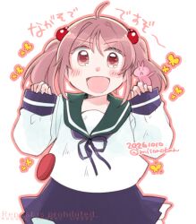  1girl ahoge alternate_sleeve_length badge blue_neckerchief blue_sailor_collar blue_skirt breasts commentary_request cowboy_shot dated hair_bobbles hair_ornament izumiyamisono kantai_collection medium_breasts neckerchief pink_eyes pink_hair rabbit sailor_collar sailor_shirt sazanami_(kancolle) shirt skirt smile twintails twitter_username w_arms white_shirt 