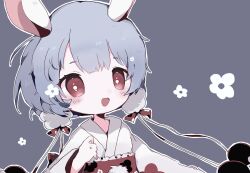  1girl animal_ears blue_background blue_hair bow commentary_request floral_print flower gekokujou_hana hair_flower hair_ornament highres japanese_clothes kimono light_blush magical_girl mahou_shoujo_ikusei_keikaku mahou_shoujo_ikusei_keikaku_limited naizoutuu obi open_mouth rabbit_ears rabbit_girl red_eyes sash short_hair smile white_flower white_kimono 