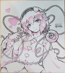  1girl absurdres buttons closed_mouth collared_shirt commentary_request disembodied_linked_eye eyeball frilled_shirt_collar frilled_sleeves frills hair_ornament hairband heart heart_button heart_hair_ornament highres komeiji_satori long_sleeves looking_at_viewer monochrome ouma_tokiichi pink_theme ribbon-trimmed_collar ribbon_trim shikishi shirt skirt smile solo touhou traditional_media wide_sleeves 