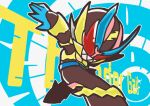 1boy black_bodysuit blue_background blue_gloves blue_horns bodysuit chibi commentary_request electricity gloves green_armor highres horns kamen_rider kamen_rider_revi kamen_rider_revice lightning looking_at_viewer looking_back male_focus pose q_l_p_hatodokei red_eyes sharp_teeth teeth thundergale_revice 