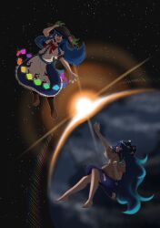  2girls :d \||/ absurdres arm_up avian_zebra barefoot black_hat blue_bow blue_eyes blue_hair blue_skirt boots bow bowtie bright_pupils brown_boots center_frills clenched_hand commentary debt dot_nose english_commentary floating frilled_skirt frills grey_hoodie grey_outline hair_bow hand_on_headwear hat hat_ornament highres hinanawi_tenshi hood hood_down hoodie lace-up_boots leaf_hat_ornament long_hair looking_at_another multiple_girls open_mouth outline outstretched_arm peach_hat_ornament planet profile puffy_short_sleeves puffy_sleeves rainbow_gradient rainbow_order reaching red_bow red_bowtie red_eyes shirt short_sleeves sideways_mouth skirt sky smile space split_mouth star_(sky) starry_sky sun touhou very_long_hair white_pupils white_shirt yorigami_shion 