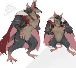  1boy animal_ears artist_name buck_teeth cape claws cross_scar deadlock_(game) english_commentary fur-trimmed_cape fur_trim furry furry_male hand_on_own_hip highres male_focus mouse_boy mouse_ears mouse_tail multiple_scars multiple_views muwsubi notched_ear open_mouth rat_king_(deadlock) red_cape scar scar_on_arm scar_on_face scar_on_nose scar_on_thigh simple_background sketch_inset smile tail teeth torn_cape torn_clothes white_background 