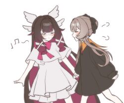  2girls absurdres beamed_eighth_notes black_bow black_dress black_hair blush bow bowtie brown_hair closed_eyes closed_mouth colored_inner_hair columbina_(genshin_impact) commentary dot_nose dress eighth_note eye_mask genshin_impact hair_bow hair_bun head_wings highres holding_hands long_hair long_sidelocks mask multicolored_hair multiple_girls musical_note pink_bow pink_bowtie purple_hair sandrone_(genshin_impact) short_sleeves sidelocks simple_background single_hair_bun smile standing straight_hair tent_dress tsundere two-tone_hair very_long_hair walking white_background white_dress white_wings wings yuri zh0898282959221 