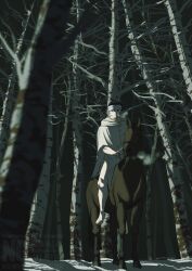  1boy animal bandaged_head bandages bare_tree barefoot birch_tree black_hair breath cloak forest golden_kamuy highres horse horseback_riding male_focus murata_miku nature ogata_hyakunosuke outdoors riding snow solo tree white_cloak wide_shot 