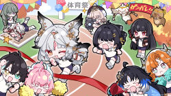 >_< 2boys 6+girls abby_(wuthering_waves) absurdres aemeath_(wuthering_waves) animal_ear_fluff animal_ears arm_tattoo black_hair blue_hair blue_sky camera cheering chisa_(wuthering_waves) colored_inner_hair commentary_request day eating female_rover_(wuthering_waves) food fox_ears fox_girl fox_tail green_eyes gym_shorts hair_ornament heterochromia highres holding holding_camera hsin_(wuthering_waves) jingran_(wuthering_waves) long_hair looking_at_viewer multicolored_hair multiple_boys multiple_girls namipon_(wuthering_waves) nivora_(wuthering_waves) official_art one_eye_closed open_mouth orange_eyes orange_hair phrolova_(wuthering_waves) pink_hair pocky pom_pom_(cheerleading) ponytail red_eyes rover_(wuthering_waves) running scar_(wuthering_waves) shirt shorts sigrika_(wuthering_waves) sky smile sports_festival tacet_mark_(wuthering_waves) tail tattoo track_and_field tripping wavy_mouth white_shirt wuthering_waves yangyang_(wuthering_waves) yangyang_(xuanling)_(wuthering_waves) yellow_eyes 