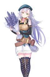  1girl belt beret black_boots blue_hat boots bouquet closed_mouth commentary commission eiyuu_densetsu fie_claussell flower green_eyes hat highres holding holding_bouquet kai_no_kiseki kuro_no_kiseki_(series) lace-up_boots lavender_(flower) long_hair looking_at_viewer parted_bangs purple_flower simple_background skirt smile solo standing white_background white_skirt yeon_lam 