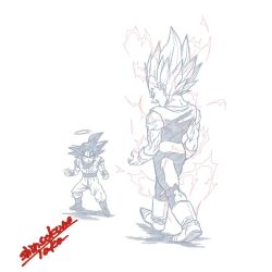  belt biceps bodysuit boots broad_shoulders clenched_hands commentary_request creative_signature double-parted_bangs dougi dragon_ball dragon_ball_z electricity fighting_stance gloves halo looking_at_another monochrome muscular muscular_male shadow shinsokunotaka short_sleeves simple_background sketch sleeveless son_goku spiky_hair super_saiyan super_saiyan_2 talking thick_eyebrows thick_neck torn_clothes undershirt vegeta veins veiny_arms walking white_background white_boots white_gloves wristband 