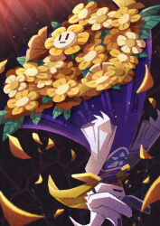1boy absurdres animal_ears asriel_dreemurr asriel_dreemurr_(god_of_hyperdeath) commentary_request delta_rune_(symbol) dual_persona flower flowey_(undertale) highres horns long_sleeves male_focus solo spoilers undertale upside-down utdr_(toby_fox) watawata22 yellow_flower