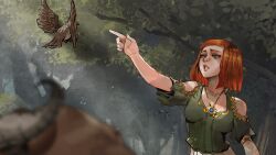  1girl alexia_blackwell bird brown_bird clothing_cutout dress forest game_asset green_dress jewelry looking_at_viewer nature necklace non-web_source official_art outdoors parted_lips pointing red_hair seeds_of_chaos short_hair short_sleeves shoulder_cutout solo teeth tree upper_body venusnoiregames visual_novel_cg 
