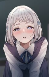  1girl absurdres blue_eyes blue_ribbon blue_skirt blurry blurry_foreground blush braid commentary dark_background depth_of_field dot_nose gakuen_idolmaster grey_hair hair_ribbon half_up_braid hatsuboshi_gakuen_school_uniform heart heart_in_eye highres idolmaster katsuragi_lilja leaning_forward long_sleeves looking_at_viewer neck_ribbon parted_lips ribbon ribbon_in_braid school_uniform shirt short_hair skirt solo symbol_in_eye white_shirt yuzuyu_(hyui) 