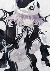  1girl absurdres alternate_color black_hat black_kimono black_ribbon bug butterfly commentary_request hat highres japanese_clothes kimono long_sleeves looking_at_viewer mob_cap neck_ribbon open_mouth pink_eyes pink_hair ribbon saigyouji_yuyuko sleeve_garter smile solo touhou triangular_headpiece zhihuaiqiang 