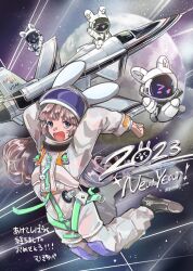  absurdres brown_hair commentary_request floating floating_hair full_moon helmet highres mejirowkaku midair moon open_mouth original smile space space_helmet spacecraft spacesuit violet_eyes 