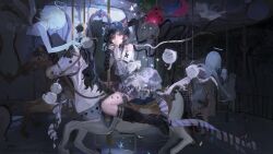  1girl 3others absurdres animal-shaped_balloon animal_ears asymmetrical_sleeves balloon bear_balloon black_hair boots carousel cat_ears character_request closed_mouth commission copyright_request creature eyelashes frilled_thigh_strap grey_eyes hair_over_one_eye halo highres long_hair looking_at_viewer mismatched_sleeves multiple_others qingfeng_canying shirt sidelocks skirt sleeves_past_wrists solo thigh_strap white_shirt white_skirt 