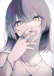  1girl black_nails blue_nails chain chain_bracelet cigarette collarbone commentary grey_hair hair_between_eyes highres holding holding_cigarette jewelry multicolored_nails multiple_necklaces multiple_rings mumei_(mumei_7743) nail_polish necklace original parted_lips portrait purple_nails ring short_hair simple_background smoke smoke_trail smoking solo untranslatable_commentary 